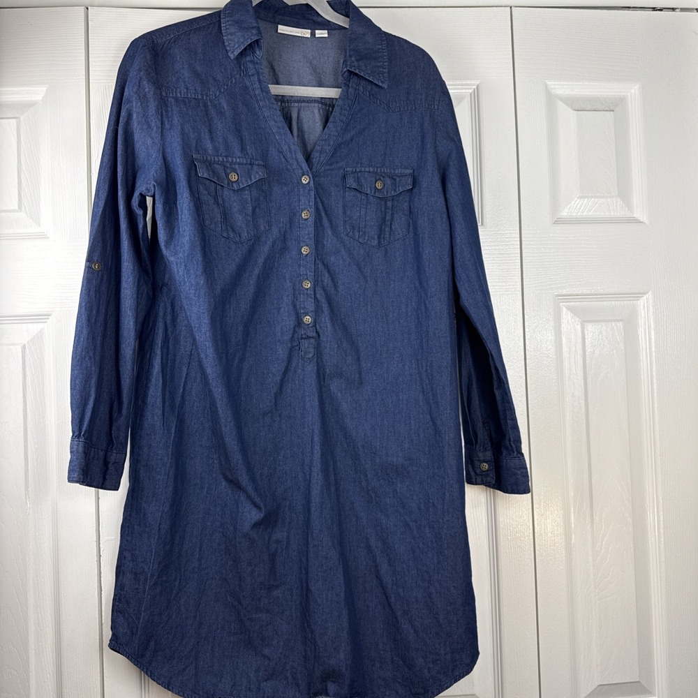 WESTPORT 1962 DENIM SHIRT‎ DRESS  LONG ROLL TAB SLEEVES COLLARED  SZ. MEDIUM